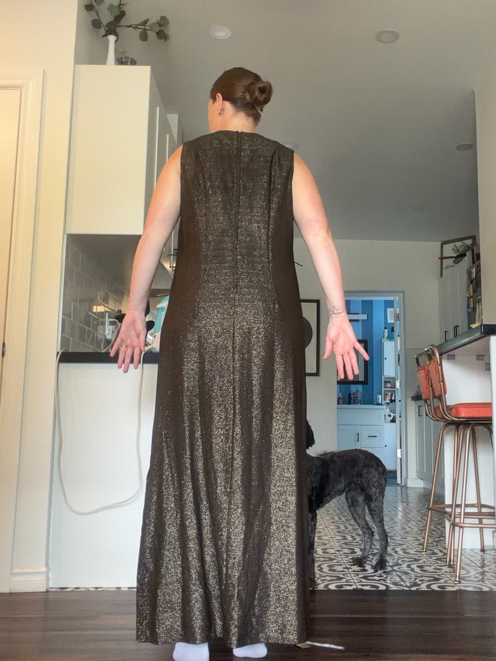 Vintage 70s Black Metallic Maxi Dress with Gold Belt - Picture 11 of 15